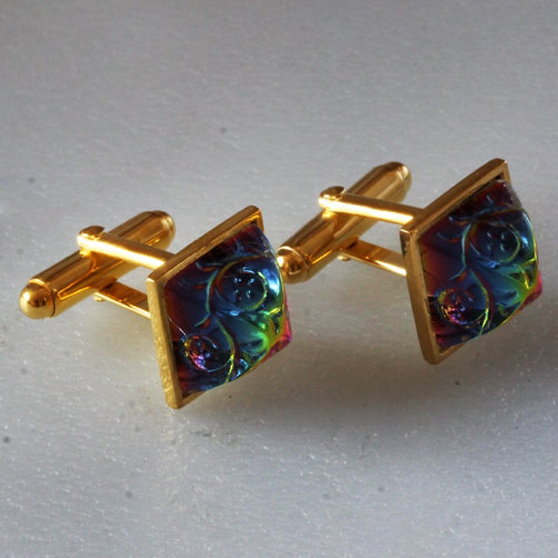Sterling silver Gold plated Cuff Links with Preciosa Vitrail Dome Glass Etched