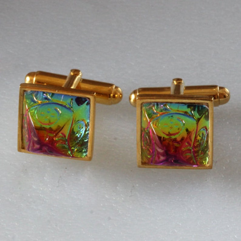 Sterling silver Gold plated Cuff Links with Preciosa Vitrail Dome Glass Etched