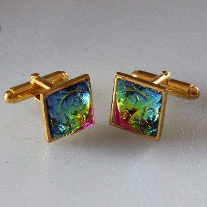 Sterling silver Gold plated Cuff Links with Preciosa Vitrail Dome Glass Etched