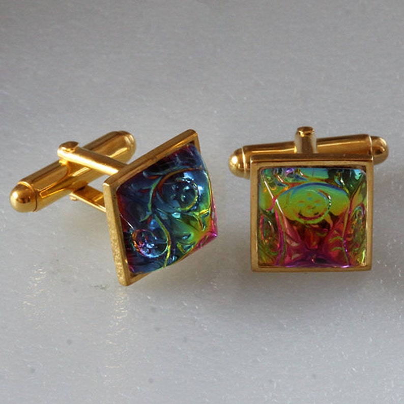 Sterling silver Gold plated Cuff Links with Preciosa Vitrail Dome Glass Etched