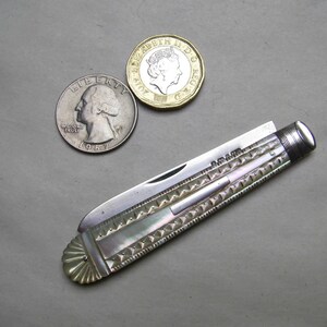 Gorgeous Antique Silver and Mother of Pearl Cased FOLDING POCKET TOOL with Detailed Pyramid Decoration Hallmarked for Sheffield 1882
