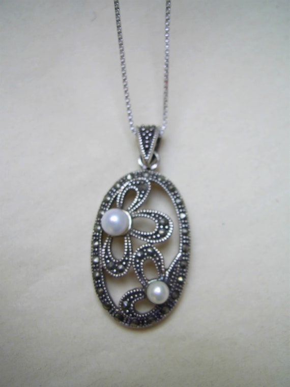 Vintage Sterling Silver MARCASITE and PEARL Laura… - image 2