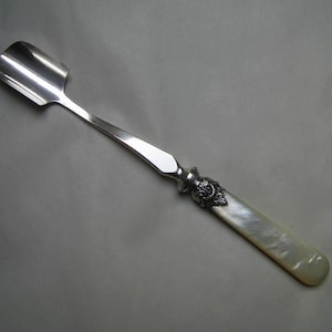 May include: A silver spoon with a mother-of-pearl handle. The spoon has a scoop shape and a decorative design on the handle.