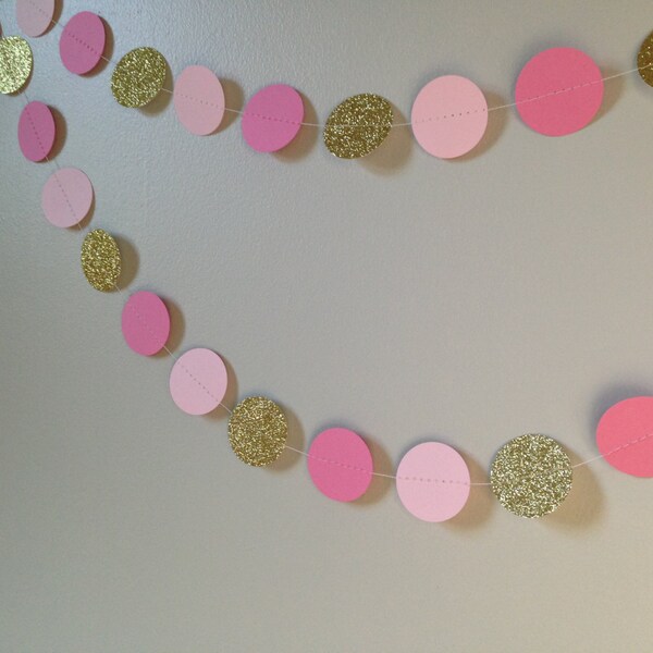 Gold glitter, light pink, medium pink circle paper garland, baby shower bridal shower birthday party wedding