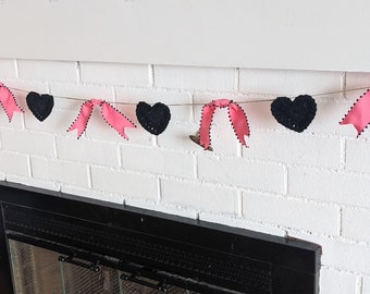 Pink and black heart garland, girl nursery room decor, office decor, wall hanging, girl room decoration, crochet banner, baby shower decor
