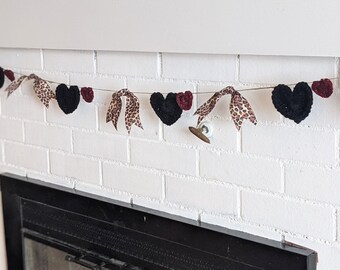 black and red heart sparkle garland, girl nursery room decor, animal print ribbon, office decor, wall hanging, room decoration for girl
