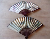Souvenir Paper Hand Fans || Lot of 2 Japanese Motif Wooden Fans