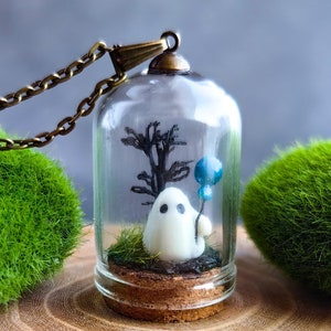 Tiny Ghost Diorama Necklace: Creepy cute Whimsical Pendant Christmas gift for her