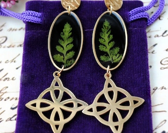 Real fern earrings  with Witches Knot  for Forest witch gift for mother plant lover