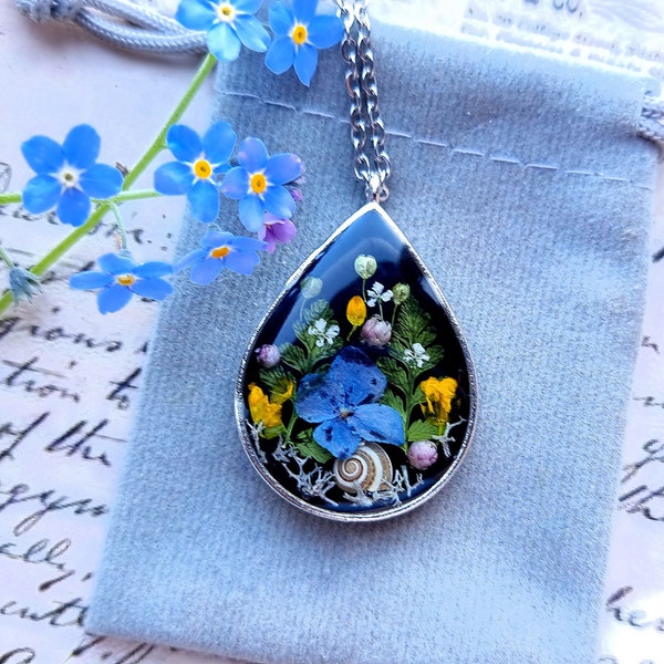 Real flower necklace with Forget me not jewelry for girlfriend Anniversary gift in Cottagecore style Boho wedding pendant for plant lover