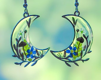 Orecchini Fungo viola luna con foglia resina e cristalli e