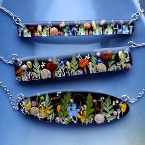 Whimsical Forest Pendant Necklace with Real Mushrooms Flowers Handmade Autumn Jewelry Birthday gift for Nature Lovers and Cottagecore souls