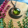 Crescent moon necklace with green moss Anniversary gift for wife Boho wedding bridesmaid gift Woodland pendant Celestial jewelry Witchy gift product logo