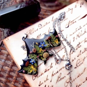 Magic mushroom Bat Pendant with Real Flowers Mystic dark fantasy cute Necklace animal totem  for witch Unique  Birthday Anniversary gift
