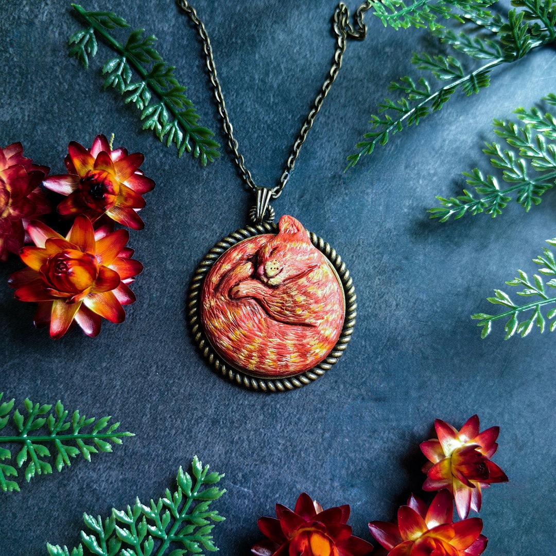 Ginger Orange Cat Necklace Custom Sleeping Kitty Pendant Christmas Gift