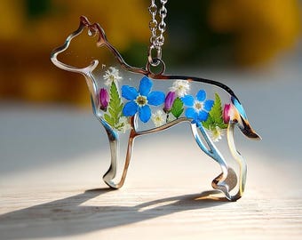 Colgante de perro Pitbull personalizado con nomeolvides reales. Collar conmemorativo de pérdida de mascota. Regalo de Navidad para amantes de las mascotas. Joyería de recuerdo personalizada.