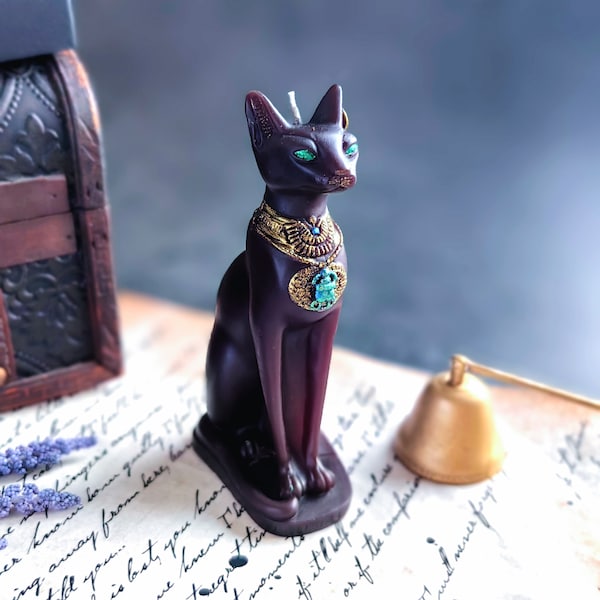 Black cat Bastet Good Luck Spell candle with Scarab Gift for Witch Interior decor Egyptian Goddes Altar totem
