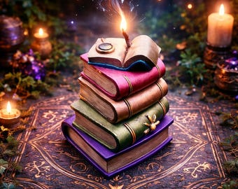 Vela de estearina con forma de pila de libros encantados y libro mágico abierto. Vela literaria artesanal para amantes de los libros, escritores y decoración acogedora de estilo cottagecore.