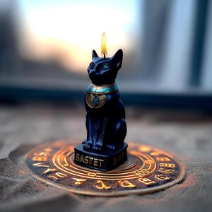 Black cat Bastet Good Luck Spell candle with Scarab Gift for Witch Interior decor Egyptian Goddes Altar totem Birthday quadrobics present image 3