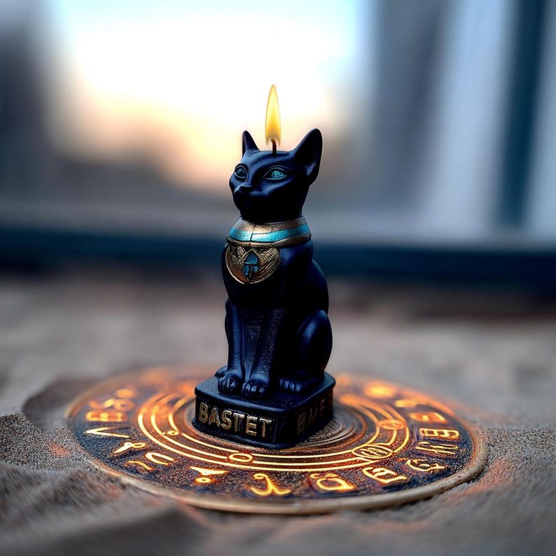 Black cat Bastet Good Luck Spell candle with Scarab Gift for Witch Interior decor Egyptian Goddes Altar totem Birthday quadrobics present image 3
