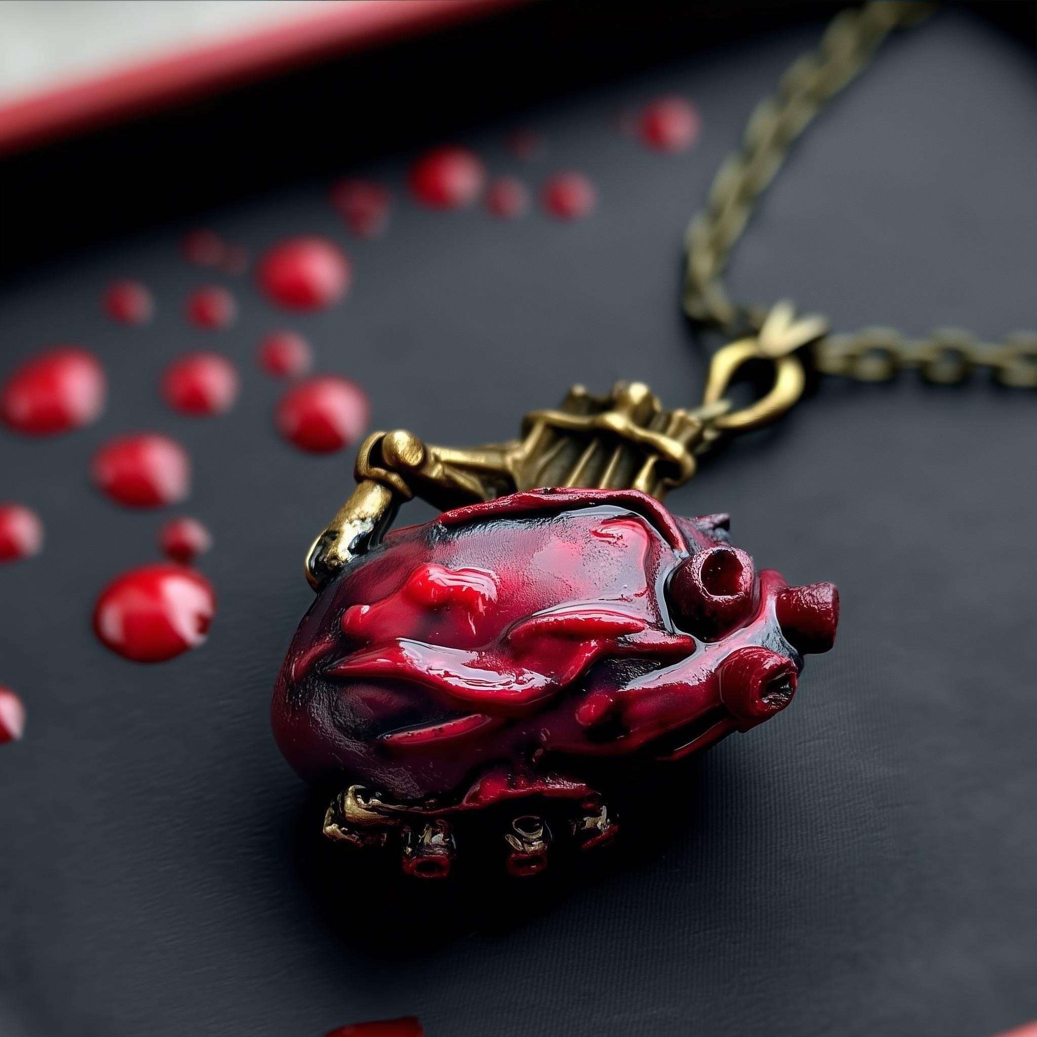 Gothic Heart Necklace Clutched by Bronze Skeleton Hand — Dark Anatomical Jewelry for Horror Lovers, Macabre Aesthetic & Halloween Gifts