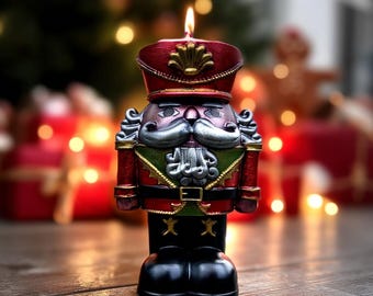 Vela de soldado cascanueces majestuosa, hecha a mano, decoración navideña de inauguración para acogedoras noches de invierno y regalos festivos.