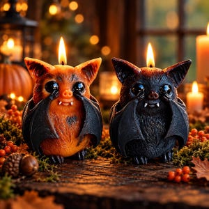May include: Two bat-shaped candles, one orange and one black, each featuring large dark eyes, small white fangs, and folded wings. Both candles are lit, with a single flame emerging from the top of their heads, showcasing detailed fur textures.