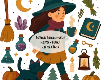 Paquete de imágenes PNG de brujas adorables: 19 imágenes PNG transparentes con temática otoñal acogedora, gatos, calabazas, hierbas, pegatinas para agendas, álbumes de recortes y diseños místicos.