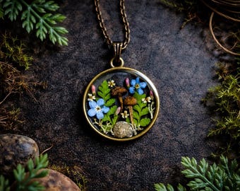 Mushroom & Forget-Me-Not Resin Necklace: Forest Witch Pendant