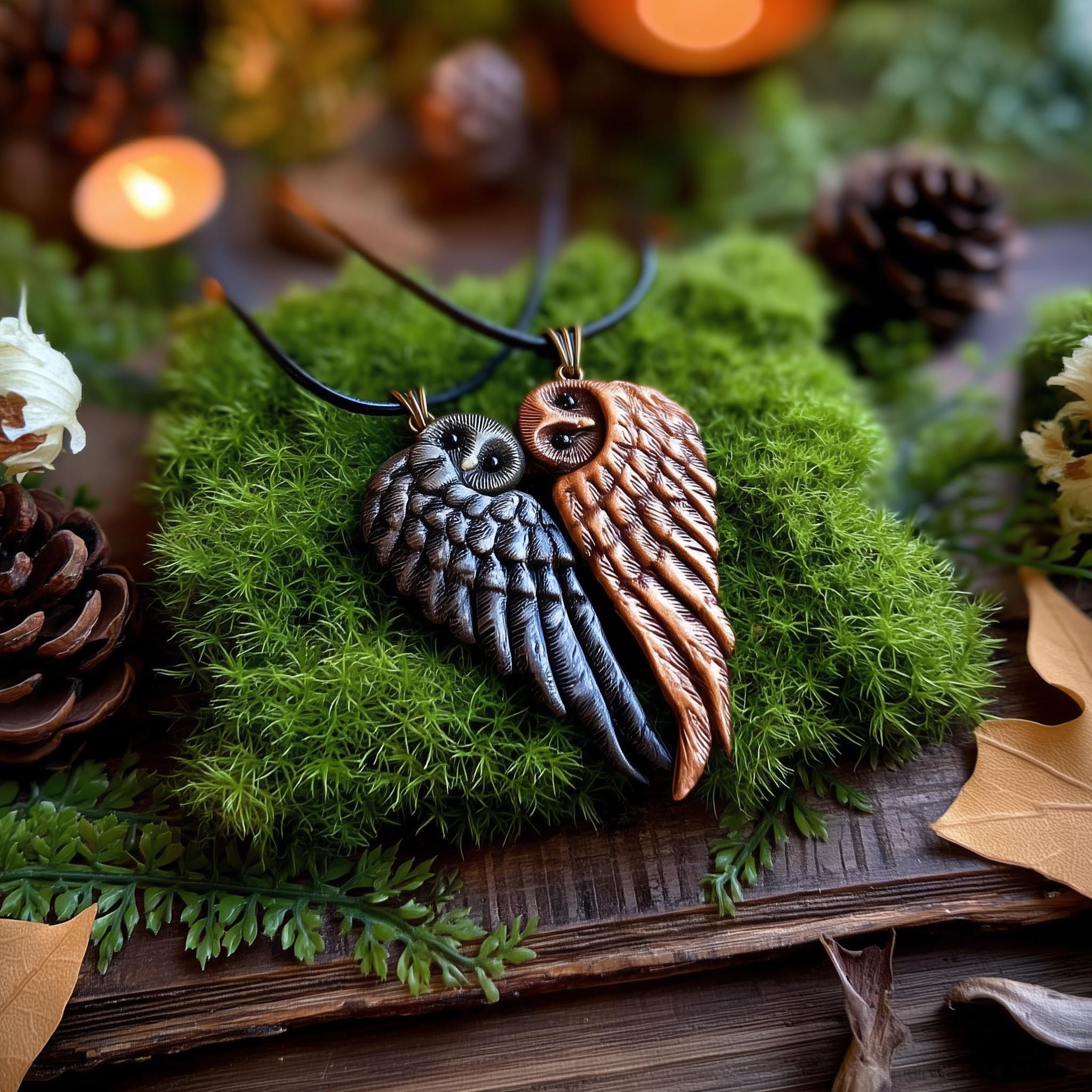 Matching Necklaces with barred owl Symbolic Handmade pendants of Light and Shadow, Perfect Anniversa