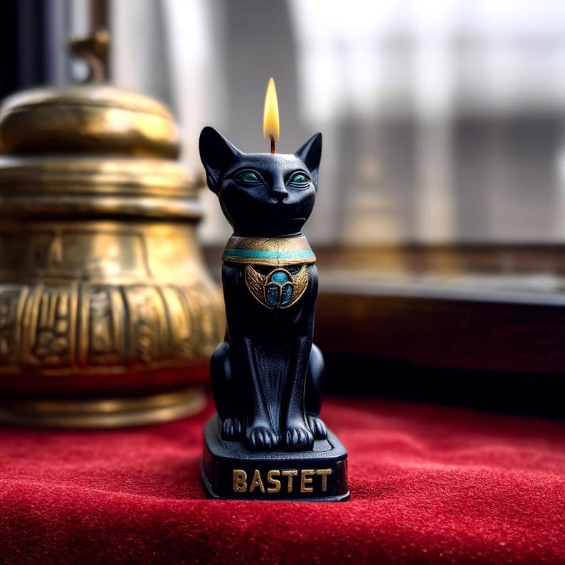 Black cat Bastet Good Luck Spell candle with Scarab Gift for Witch Interior decor Egyptian Goddes Altar totem Birthday quadrobics present image 9
