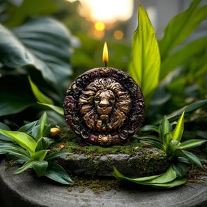 May include: A round, brown candle with a gold lion's head design, surrounded by intricate details. The candle is lit, with a yellow flame. The candle sits on a mossy stone, surrounded by green plants, creating a natural, decorative theme.