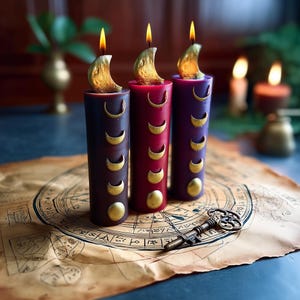 Lunar Phase Pillar Candle with Golden Moon phases for Moon Rituals, Witchy Altars and Spiritual Gifts Hecate Goddess Crescent altar decor