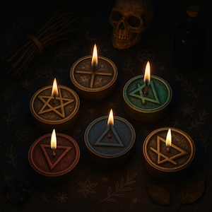 Set of Elemental Beeswax Candles with Alchemical Symbols Earth, Air, Fire, Water, Spirit, Pentagram for Rituals, Meditation and Sacred Decor