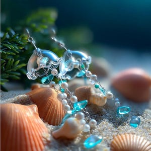 Magical Jellyfish Earrings with Floating Glass Bell and Cascading Pearl Strands Ocean-Inspired Statement Jewelry for Dreamers and Sea Lovers