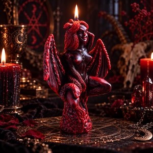 May include: A dark red wax candle shaped as a winged figure with horns and a serpent coiled around its base. The figure has long hair, a pointed tail, and a small symbol on its chest. A single flame burns from the top of the figure's head.