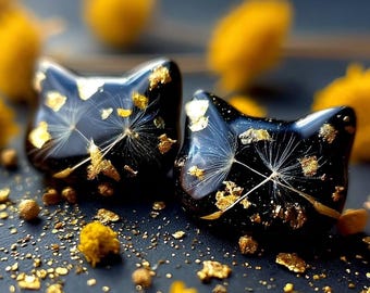 Pendientes de resina con diente de león y gato negro: copos de oro, postes de acero inoxidable