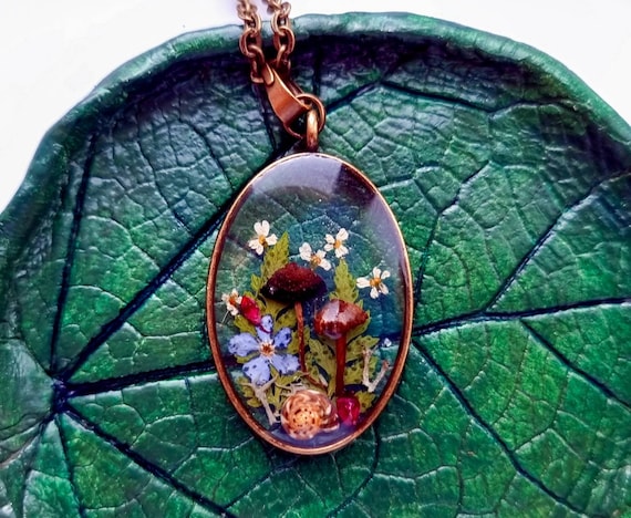 Tiny Mushroom Necklace: Real Fern, Forget-Me-Not, Resin Pendant