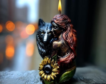 Vela de la Diosa del Lobo y el Girasol para rituales espirituales, recuerdo de boda de estilo cottagecore inspirado en la naturaleza, decoración de estética gótica acogedora para inauguración de la casa.