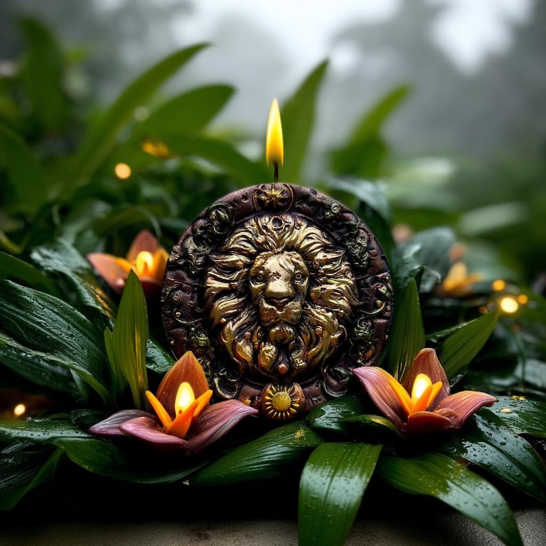 May include: A decorative candle with a lion's head design, surrounded by green leaves and small flower candles. The central candle has a lit yellow flame. The lion's head is gold-colored, set against a brown background.