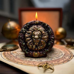 May include: A round, brown candle with a detailed lion's head design in gold. The candle is lit, with a yellow flame. The candle sits on a map, with a globe and other decorative items in the background. The candle is approximately 4 inches in diameter.