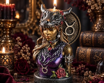 Vela mística de la diosa del zodíaco Tauro con calavera de toro, regalo espiritual para el cumpleaños de mayo.
