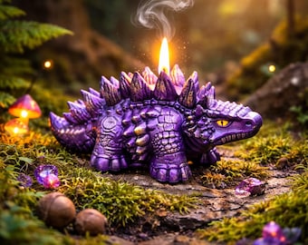 Vela mística de estegosaurio púrpura para decoración de fantasía, fiestas de cumpleaños con temática de dinosaurios y regalos mágicos.