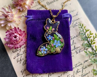 Fox necklace - Resin jewelry - Forest witch gift - Mori girl-Strega fashion-Cottagecore style-Forget me not-Animal silhouette-Summer jewelry