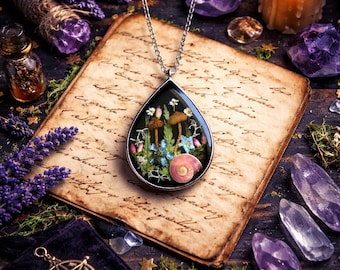Real Mushroom Necklace: Resin Moss Fern Pendant, Boho Jewelry