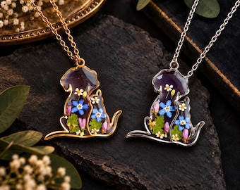 Cat and Dog Hugging Necklace with Real Dried Flowers for Pet Lover