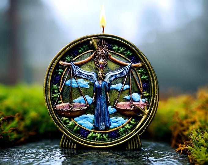 Libra Zodiac Candle in Green metallic and gold tones, Hand-Painted Astrology Decor