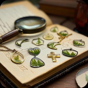 Op de afbeelding: Een verzameling handgemaakte hangers met vareninsluitsels, tentoongesteld op een open boek met een vergrootglas. De hangers hebben verschillende vormen, waaronder druppel, hart en kruis, met goud- en zilverkleurige metalen frames. De varens zijn groen.