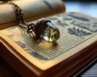 Real Moss Acorn Necklace: Preserved Nature Pendant, Cottagecore Jewelry