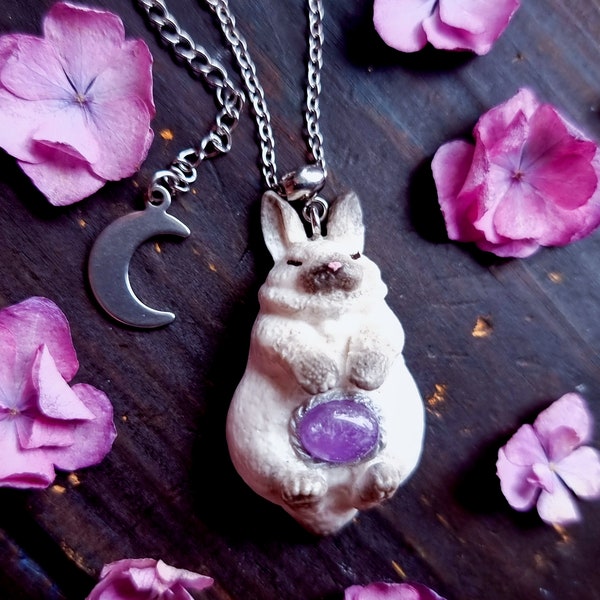 Himalayan white rabbit-Bunny necklace-Hare jewelry-Forest witch gift-Birth stone-Cottagecore style-Magic amulet-Totem animal-Amethyst charm